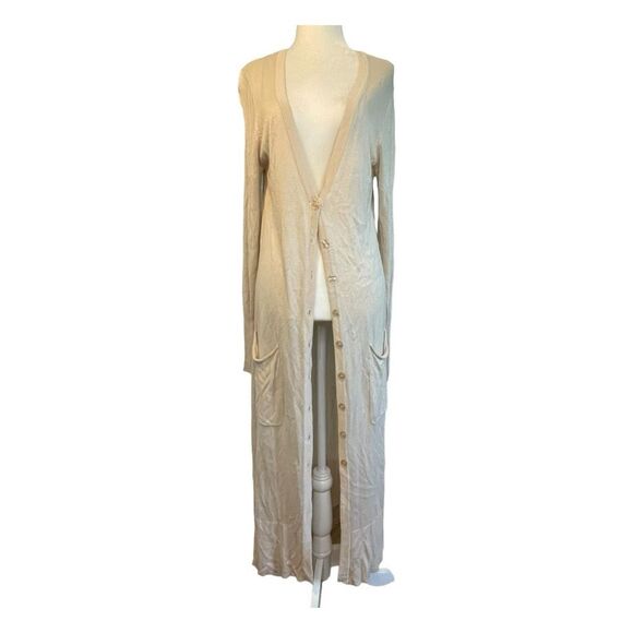 Boston Proper Long Line Duster Cardigan Sweater Cream Knit Button Front M - Picture 1 of 8